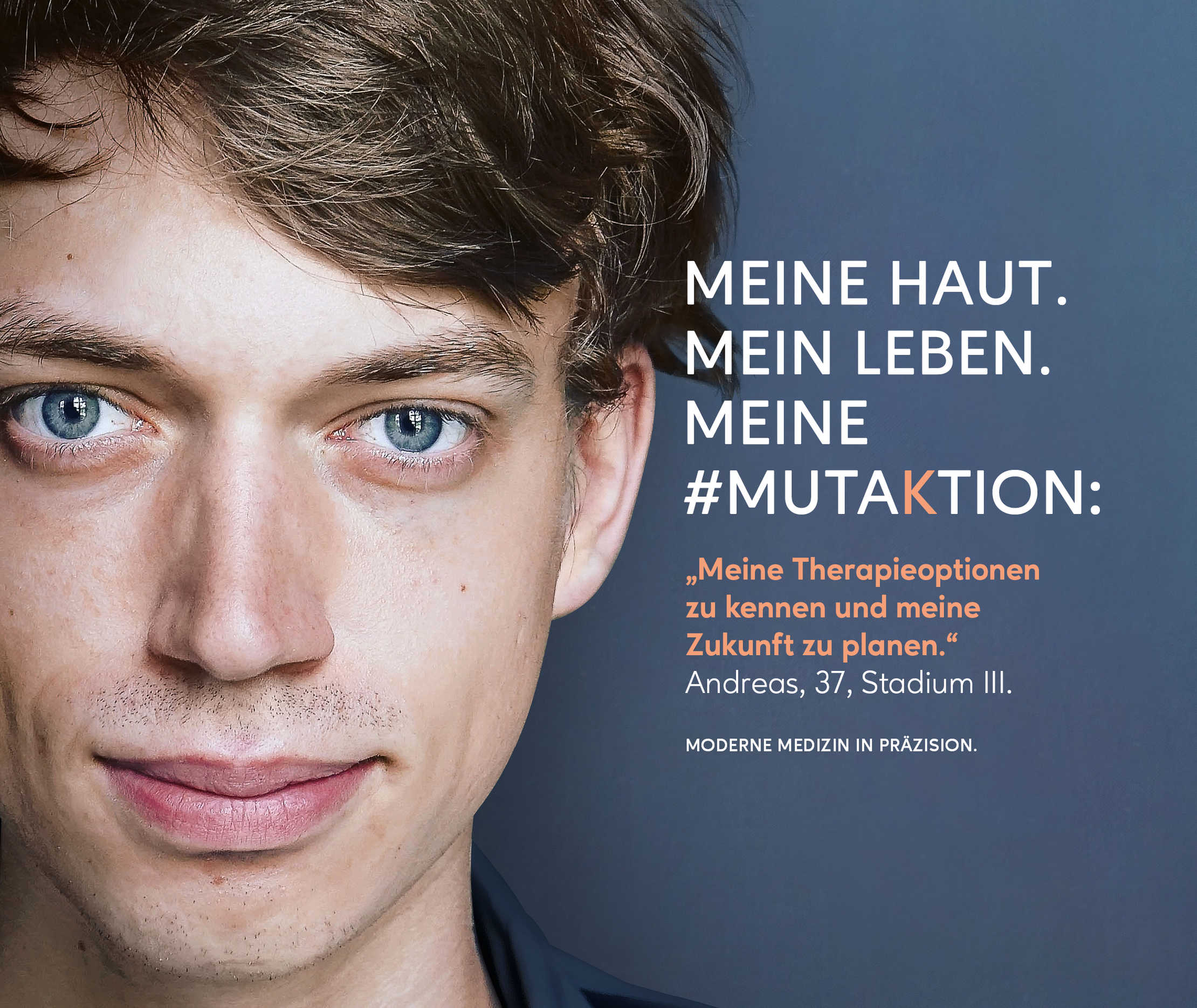 Anzeigenmotiv der #MUTAKTION Ein junger Mann schaut zuversichtlich in die Kamera.