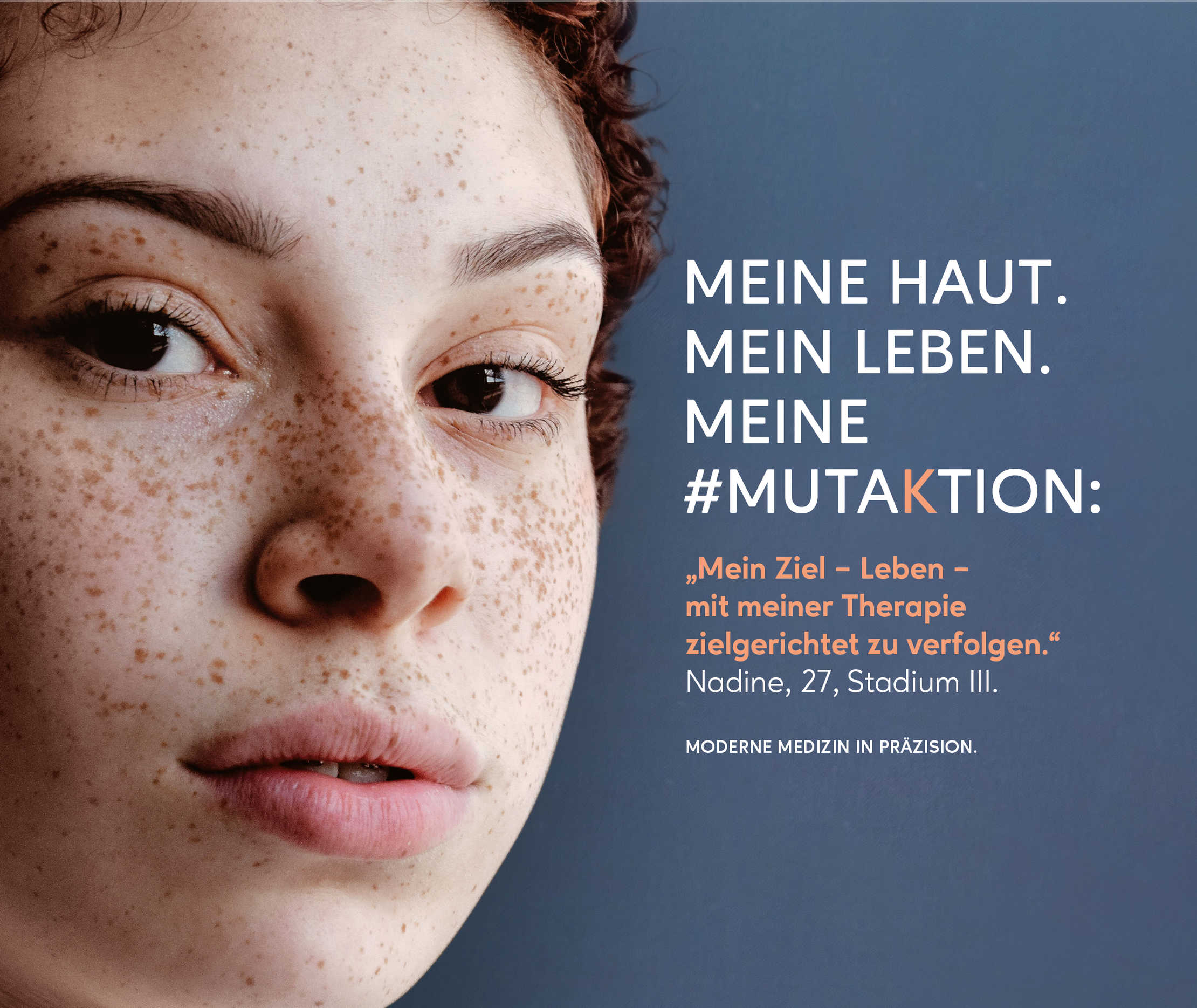 Anzeigenmotiv der #MUTAKTION Ene junge Frau schaut nachdenklich in die Kamera.